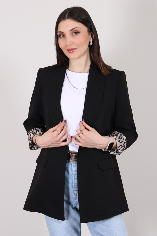 Siyah Atlas Kumaş Leopar Astarlı Blazer Ceket