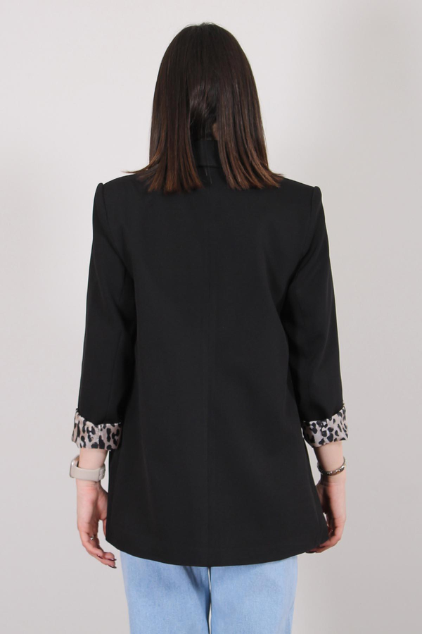 Siyah Atlas Kumaş Leopar Astarlı Blazer Ceket