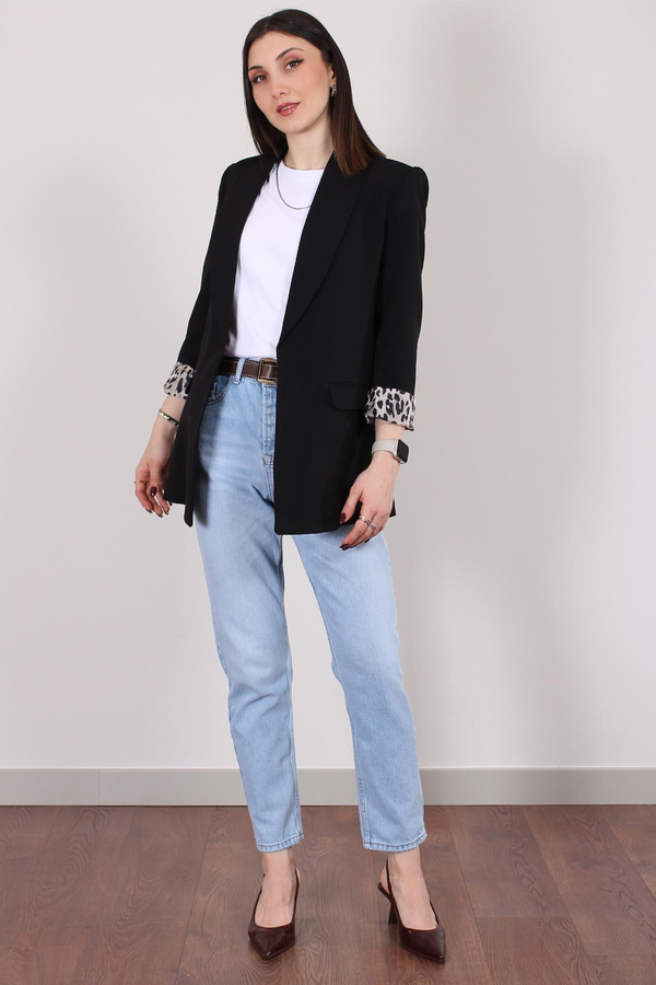 Siyah Atlas Kumaş Leopar Astarlı Blazer Ceket