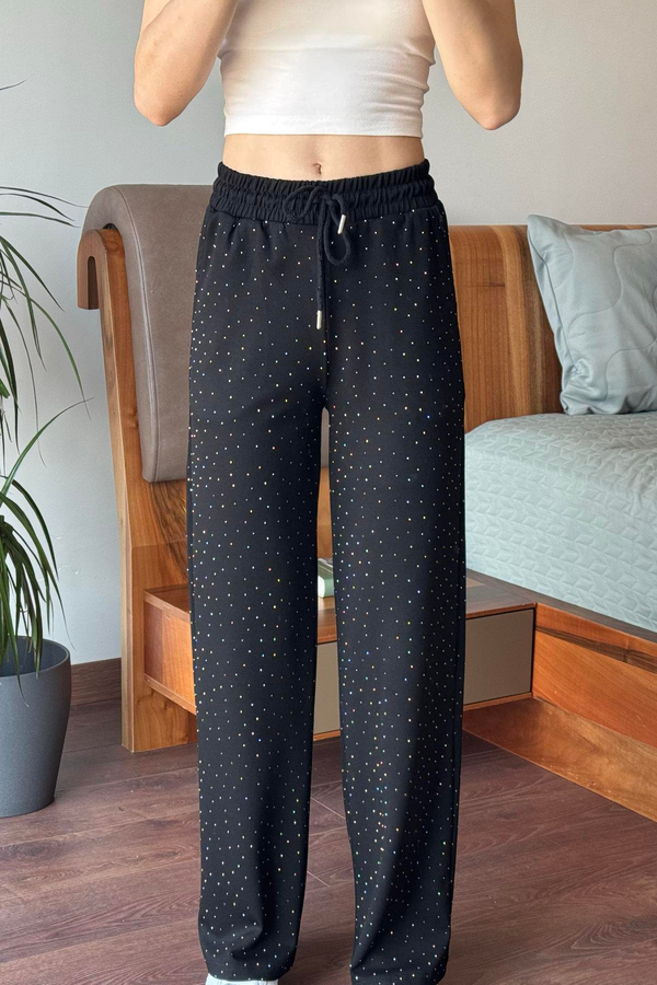 Siyah Beli Lastikli Taşlı Pantolon