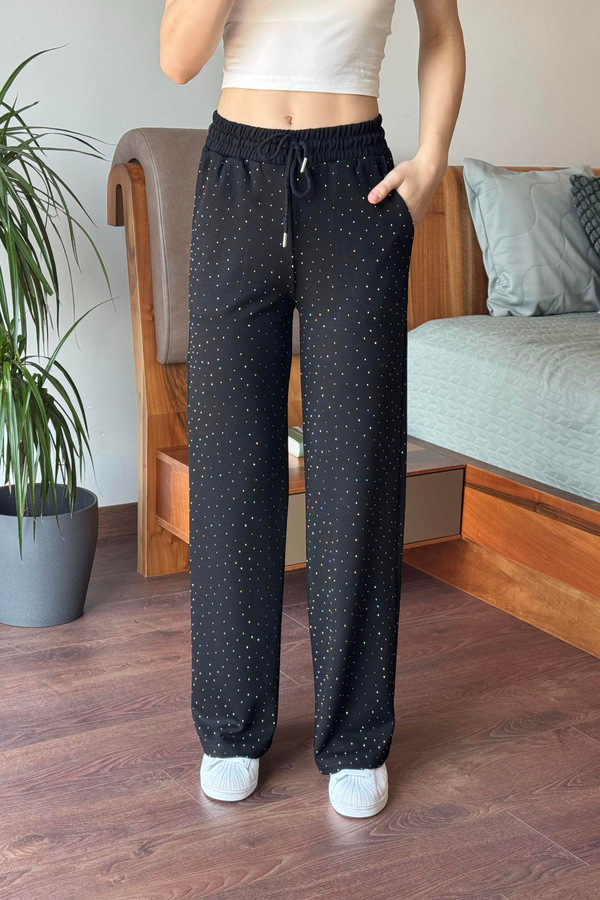 Siyah Beli Lastikli Taşlı Pantolon