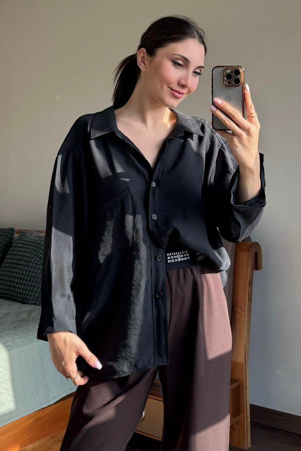 Siyah Düşük Omuzlu Oversize Gömlek