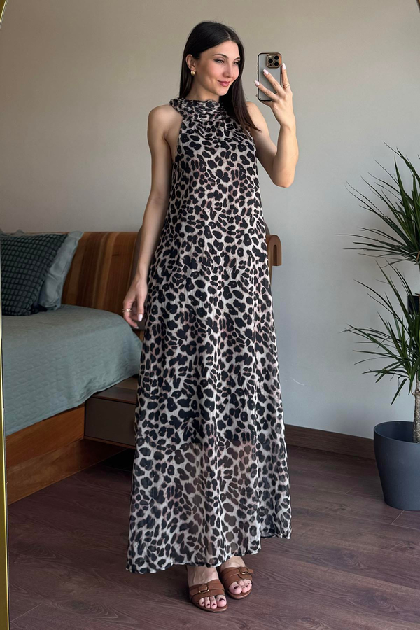 Siyah Leopar Desen Elbise