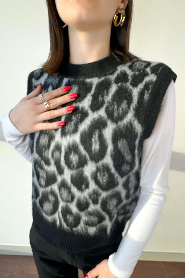 Siyah Leopar Desen İpek Süveter