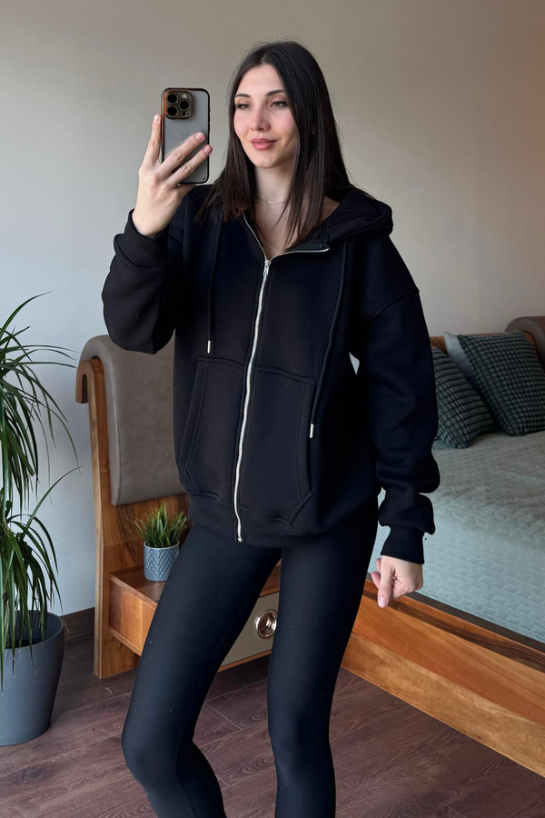 Siyah Oversize Kapüşonlu Fermuarlı Hoodie