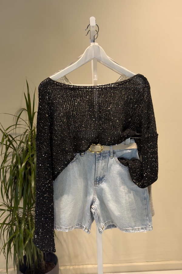 Siyah Parlak Taşlı Beach Crop Top