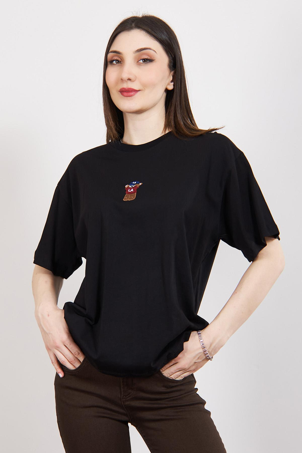 Siyah Teddy Bear Nakışlı Oversize T Shirt