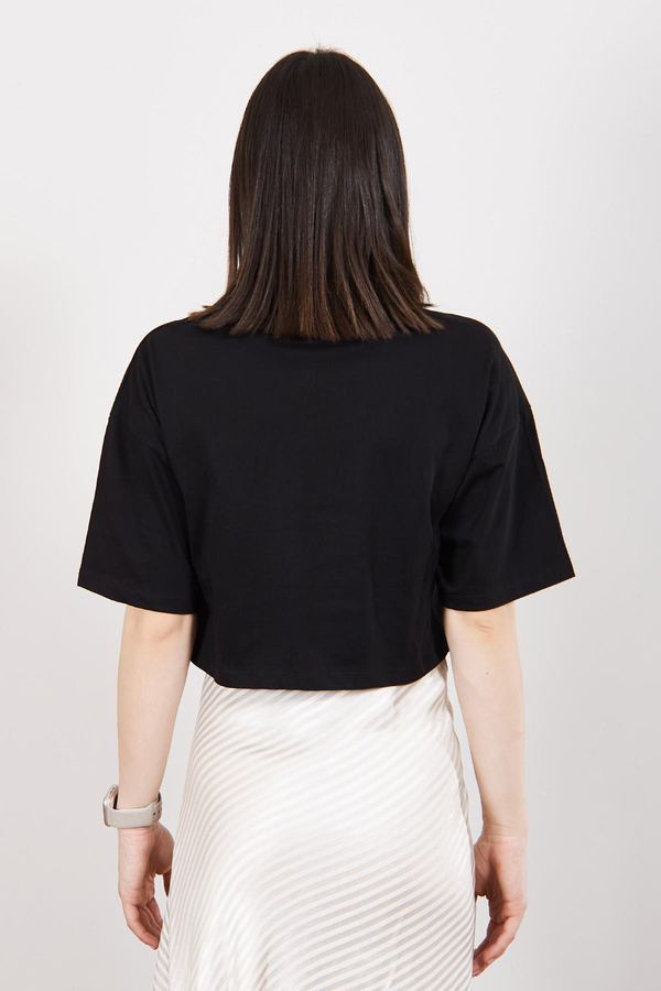 Siyah Teddy Nakışlı Crop T Shirt