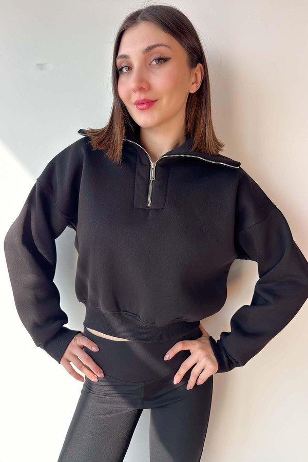 Siyah Yaka Detaylı Crop Sweatshirt