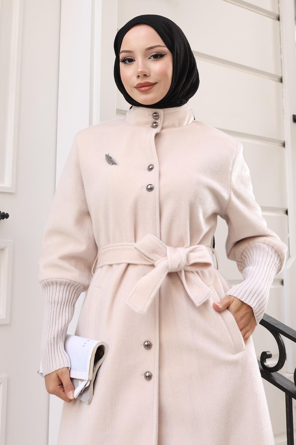 Broş Detaylı Kaban Bej 19279