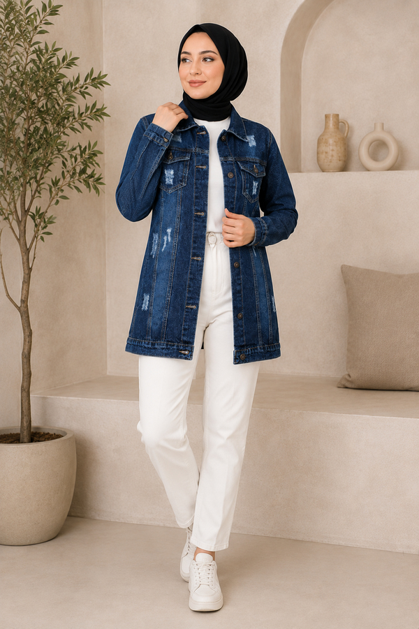 Cebi Lazer Detaylı Kot Ceket Koyu Mavi 6095