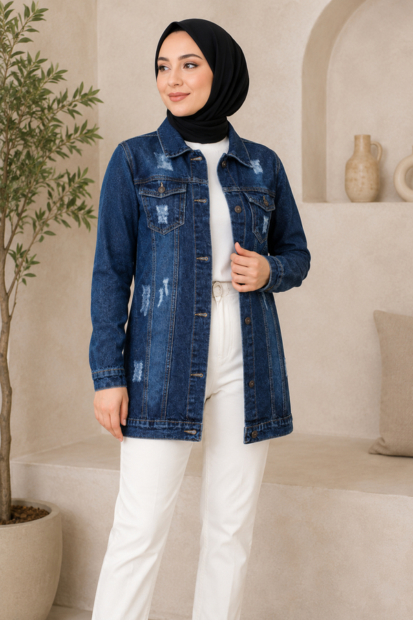 Cebi Lazer Detaylı Kot Ceket Koyu Mavi 6095