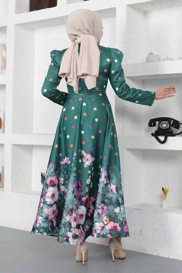 Çiçekli Puantiyeli Saten Abiye Zümrüt 12251