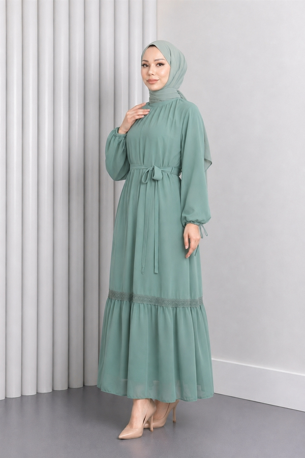 Dantel Detaylı Şifon Elbise Mint 19143