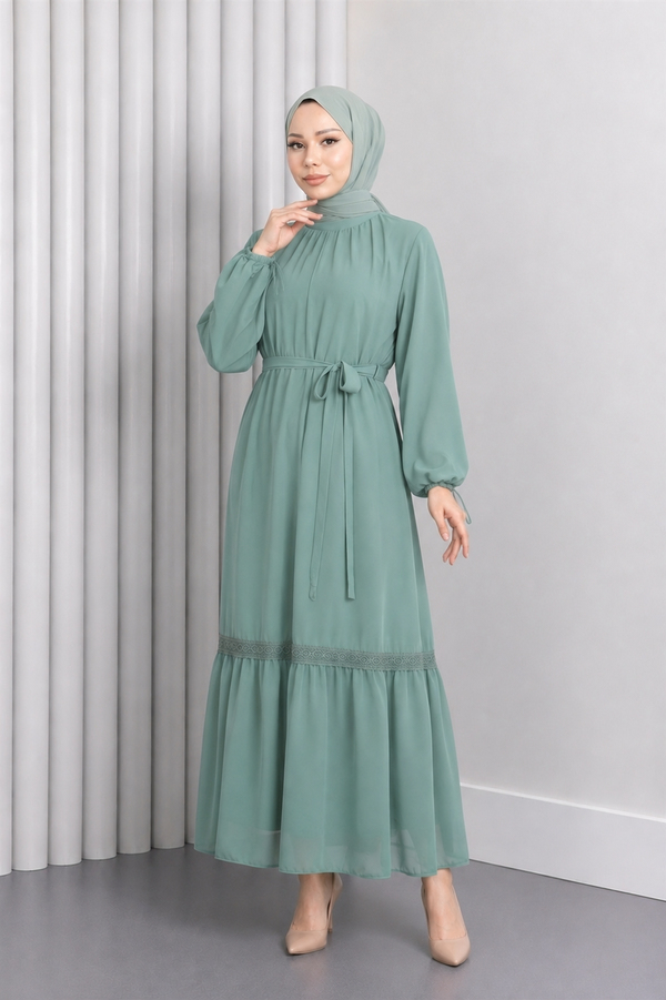 Dantel Detaylı Şifon Elbise Mint 19143