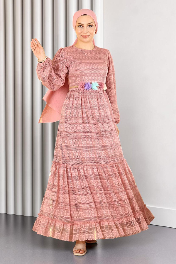 Dantelli Kemeri Çiçekli Elbise Pembe 10242