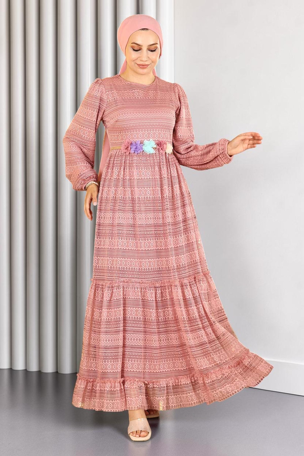 Dantelli Kemeri Çiçekli Elbise Pembe 10242