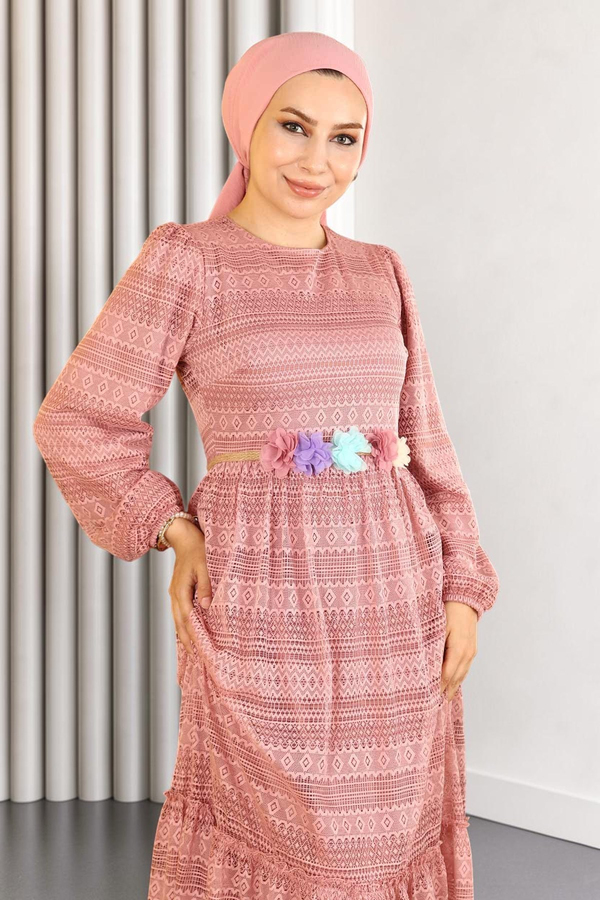 Dantelli Kemeri Çiçekli Elbise Pembe 10242