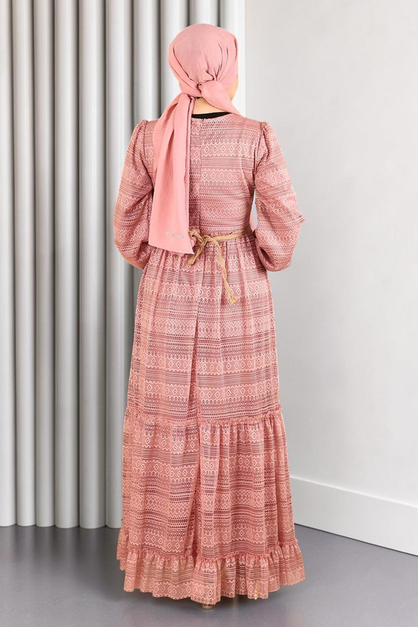 Dantelli Kemeri Çiçekli Elbise Pembe 10242