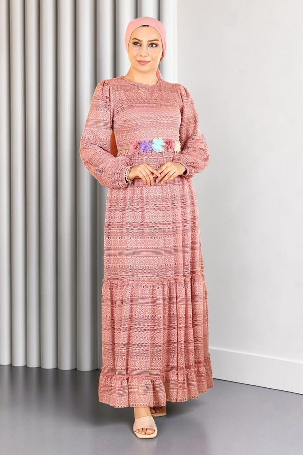 Dantelli Kemeri Çiçekli Elbise Pembe 10242