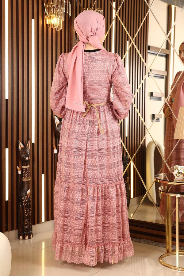 Dantelli Kemeri Çiçekli Elbise Pembe 10242