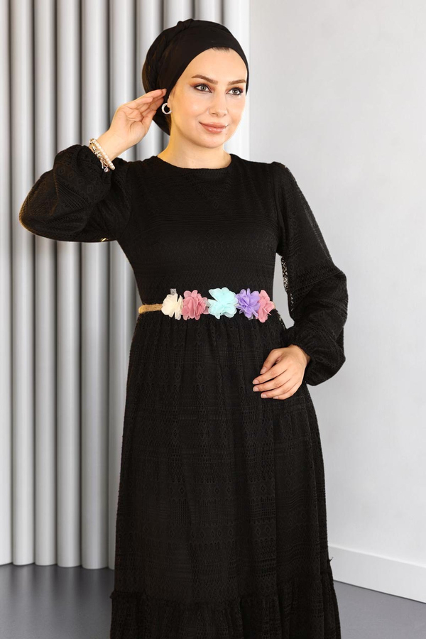 Dantelli Kemeri Çiçekli Elbise Siyah 10242