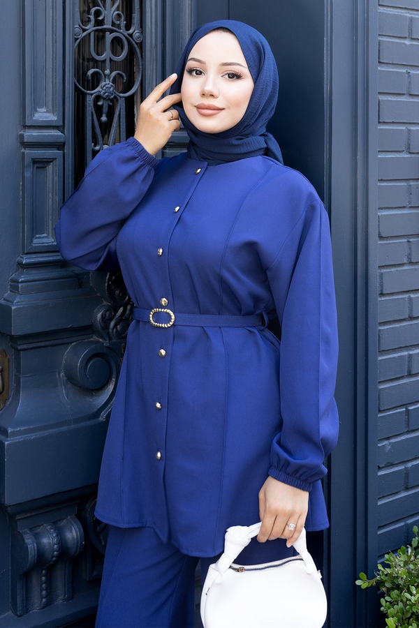 Düğme Detaylı Kemerli Takım İndigo 19296