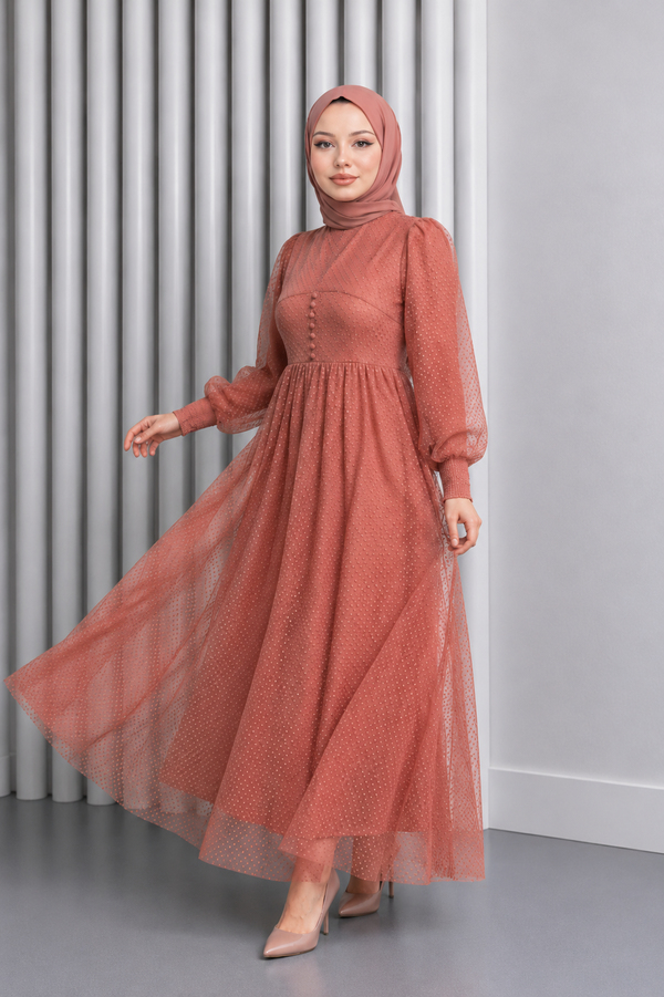 Düğme Detaylı Tül Abiye Somon 12237