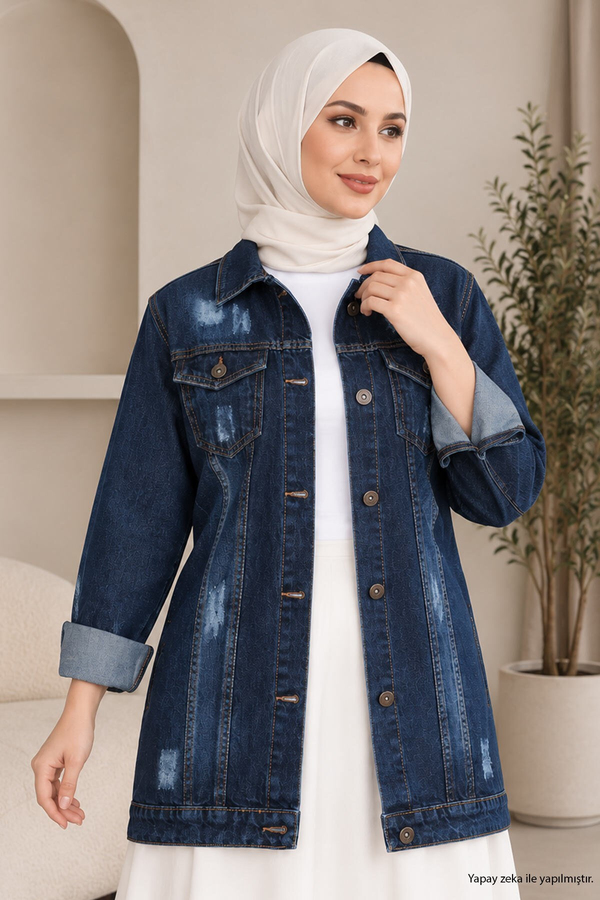 Düğmeli Kot Ceket Koyu Kot 6009