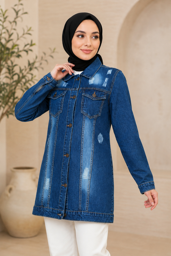 Düğmeli Kot Ceket Koyu Mavi 6096