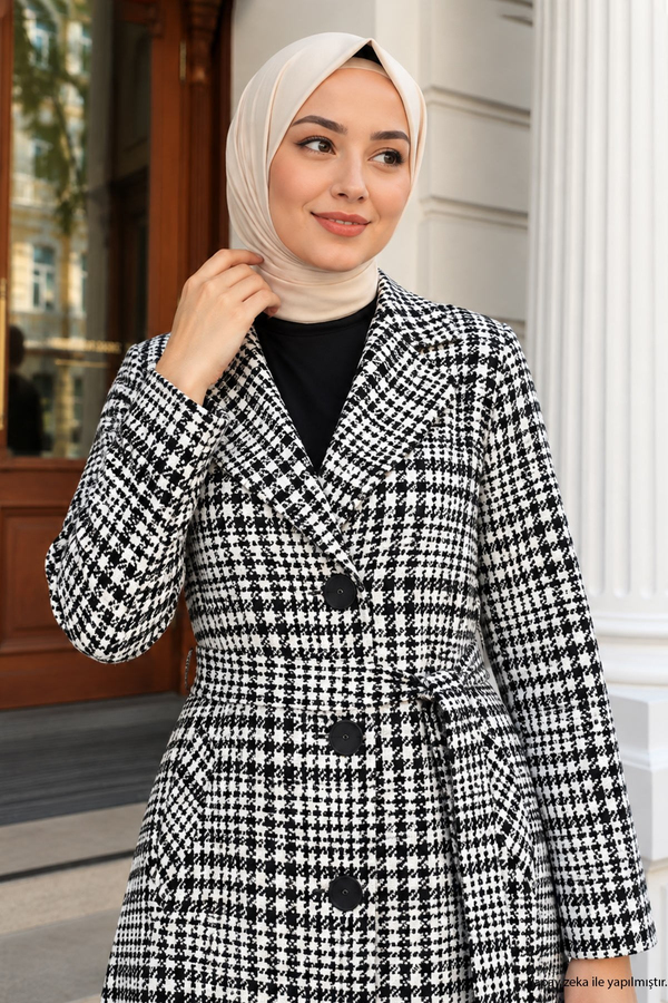 Ekoseli Şanel Kaşe Kaban Siyah 19137