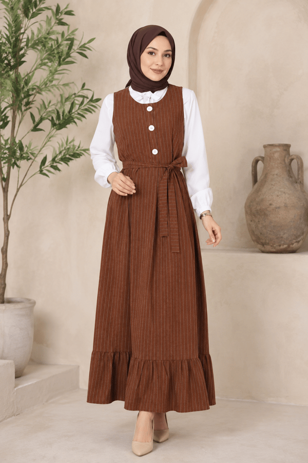Eteği Pileli Kemerli Jile Takım Taba 19221