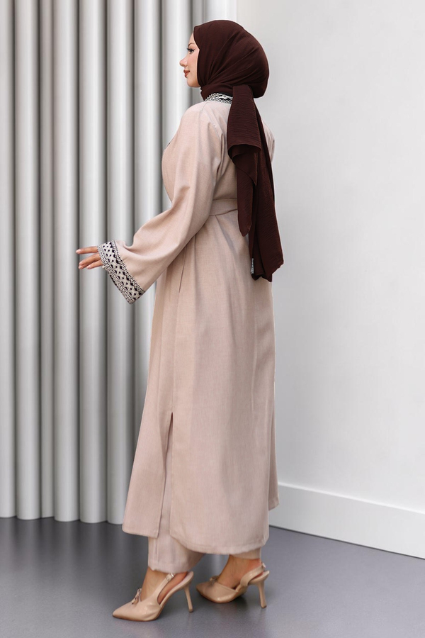 Etnik Desenli Kimono Takım Bej 19251