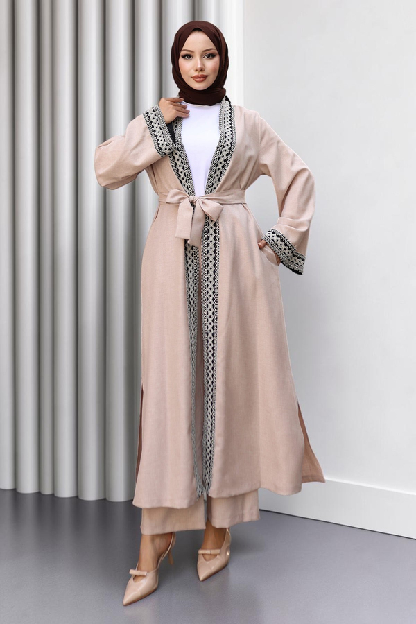 Etnik Desenli Kimono Takım Bej 19251