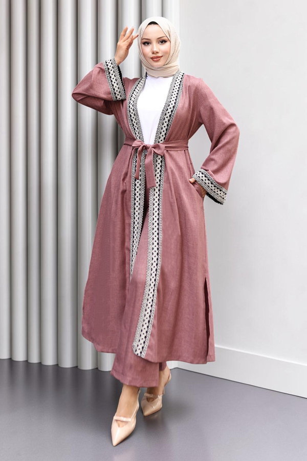 Etnik Desenli Kimono Takım Gül Kurusu 19251