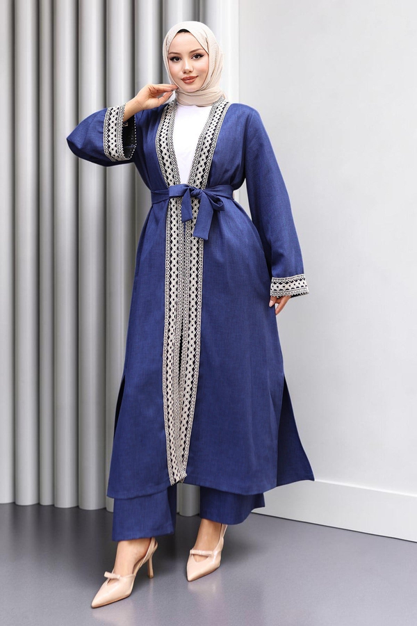 Etnik Desenli Kimono Takım İndigo 19251