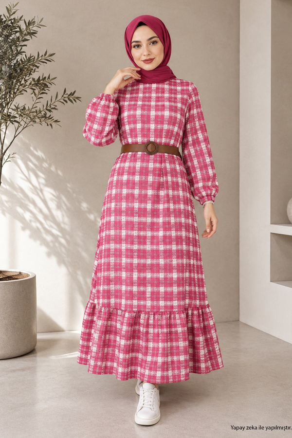 Fırfırlı Tesettür Elbise Pembe 19165