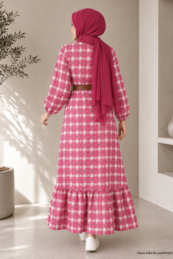 Fırfırlı Tesettür Elbise Pembe 19165