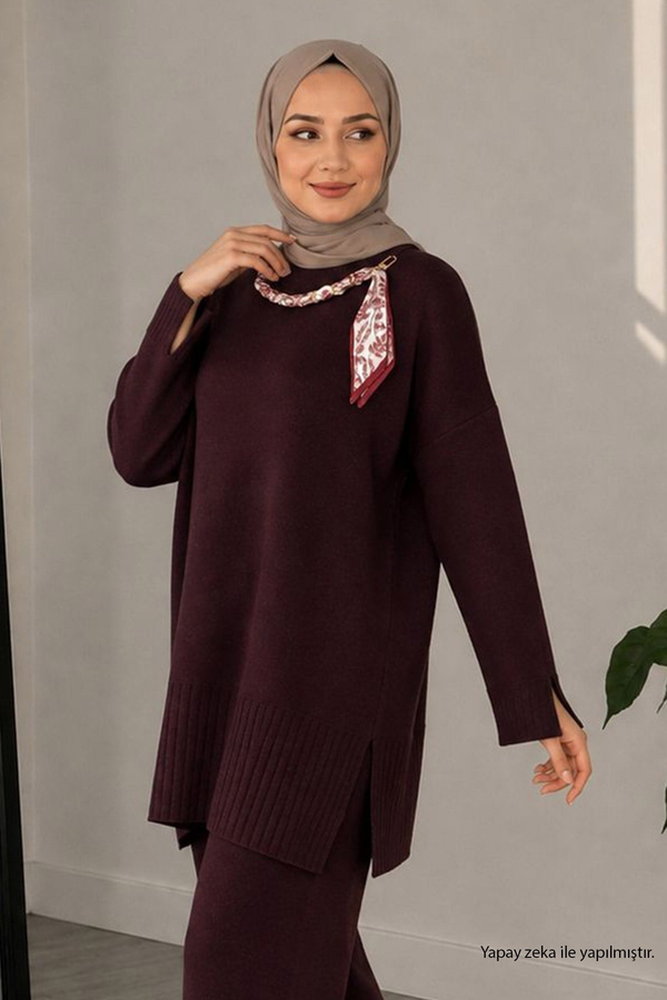 Fularlı Triko Takım Mürdüm 2001