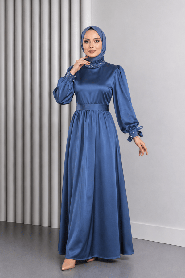 İncili Saten Abiye İndigo 19121