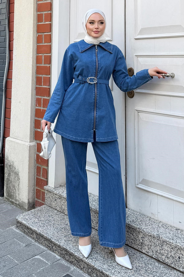 Kemer Detaylı Fermuarlı Denim Takım Açık Mavi 19298