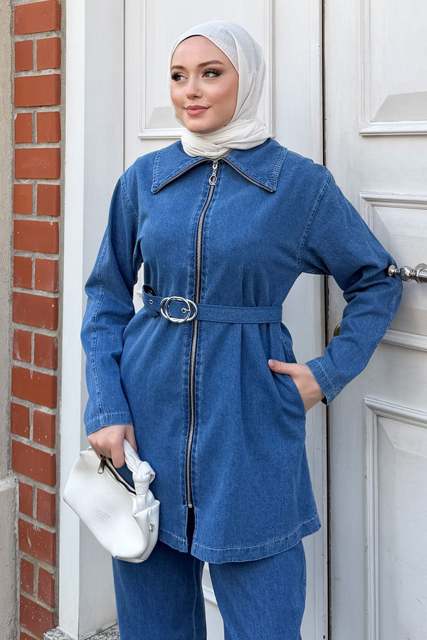 Kemer Detaylı Fermuarlı Denim Takım Açık Mavi 19298