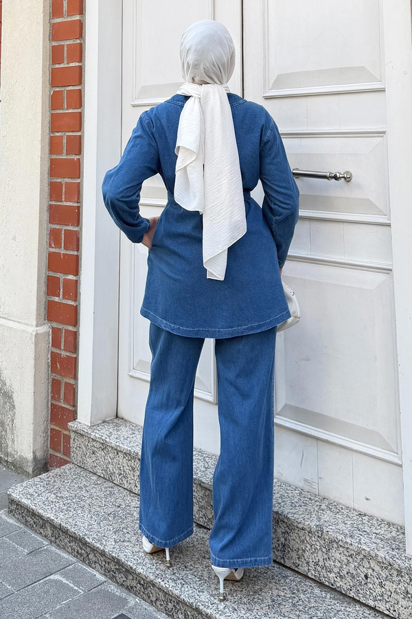 Kemer Detaylı Fermuarlı Denim Takım Açık Mavi 19298