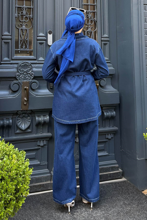 Kemer Detaylı Fermuarlı Denim Takım Koyu Mavi 19298