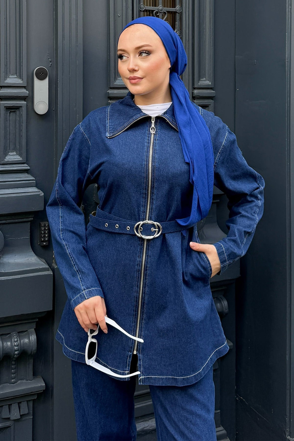 Kemer Detaylı Fermuarlı Denim Takım Koyu Mavi 19298