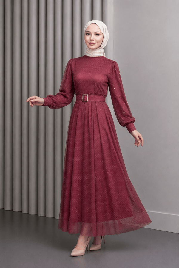Kemeri Taşlı Tül Abiye Gül Kurusu 12242