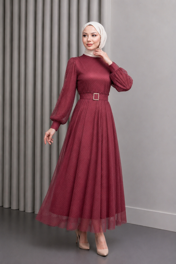 Kemeri Taşlı Tül Abiye Gül Kurusu 12242