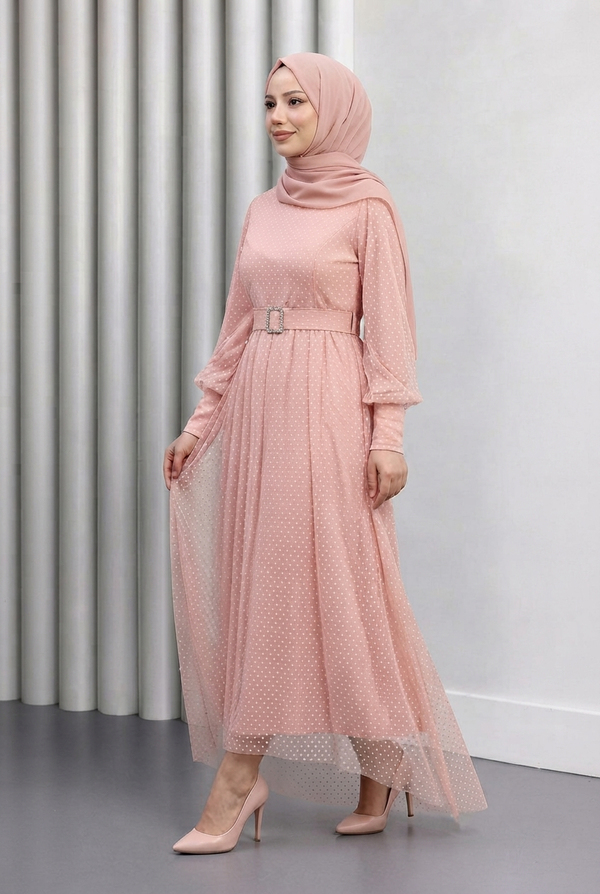 Kemeri Taşlı Tül Abiye Pudra 12242