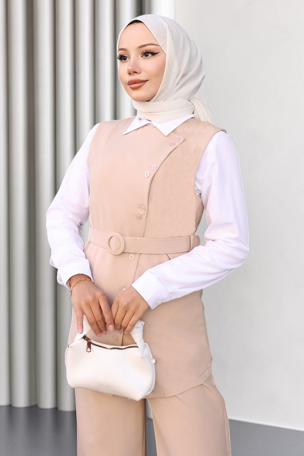 Kemerli Yelek Pantolon Takım Bej 19250