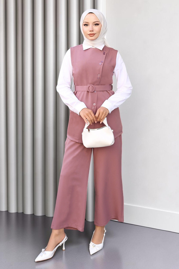 Kemerli Yelek Pantolon Takım Gül Kurusu 19250